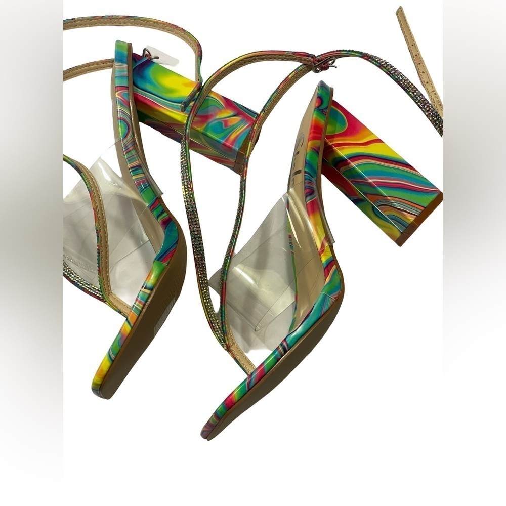 Purchased not worn SHEIN Neon Marble Thong Toe Rhinestone Wrap Around Heels 11